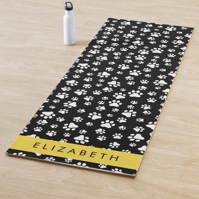 Paw Pattern, Dog Paws, Black and White, Your Name Yoga Mat (In Situ)