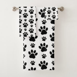 Paw Pattern, Dog Paws, Paw Prints, Black and White Bath Towel Set