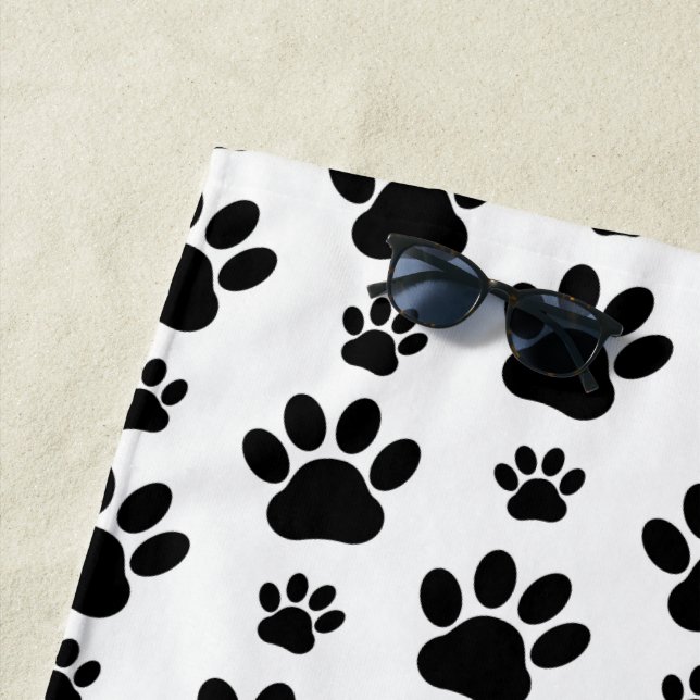 Paw Pattern, Dog Paws, Paw Prints, Black and White Beach Towel (In Situ)