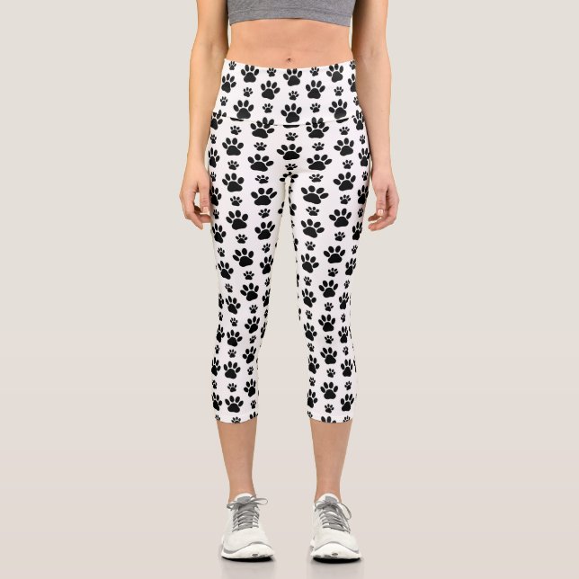 Paw Pattern, Dog Paws, Paw Prints, Black and White Capri Leggings (Front)