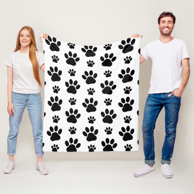 Paw Pattern, Dog Paws, Paw Prints, Black and White Fleece Blanket (In Situ)