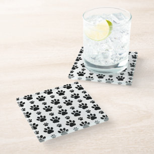 Paw Pattern, Dog Paws, Paw Prints, Black and White Glass Coaster