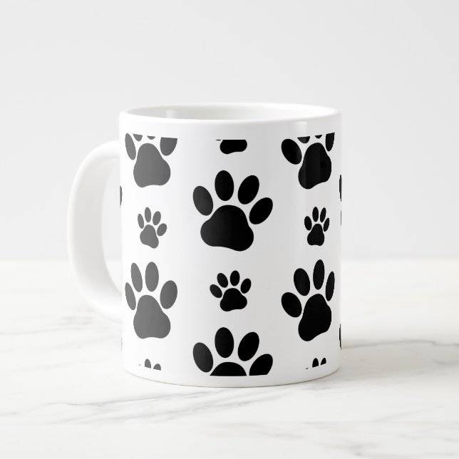 Paw Pattern, Dog Paws, Paw Prints, Black and White Large Coffee Mug (Front Left)