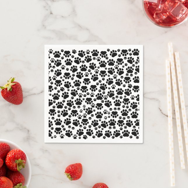 Paw Pattern, Dog Paws, Paw Prints, Black and White Napkin (Insitu)