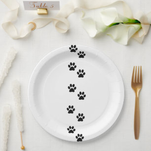 Paw Pattern, Dog Paws, Paw Prints, Black and White Paper Plate