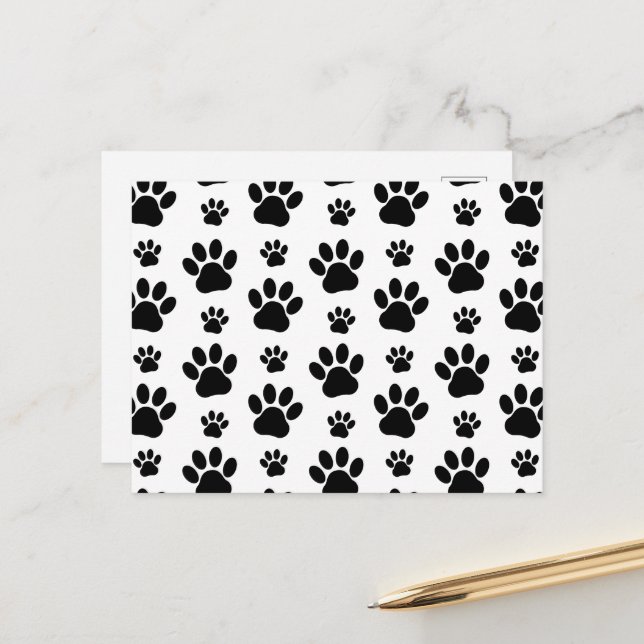 Paw Pattern, Dog Paws, Paw Prints, Black and White Postcard (Front/Back In Situ)