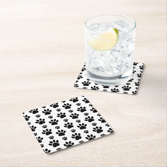 Paw Pattern, Dog Paws, Paw Prints, Black and White Square Paper Coaster (Insitu)
