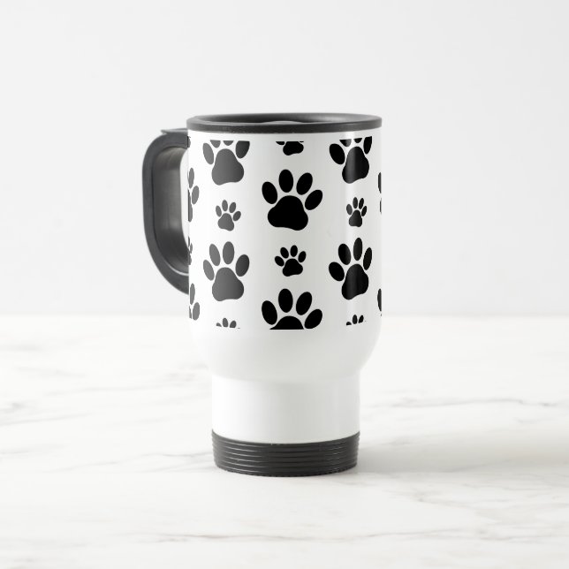Paw Pattern, Dog Paws, Paw Prints, Black and White Travel Mug (Front Left)