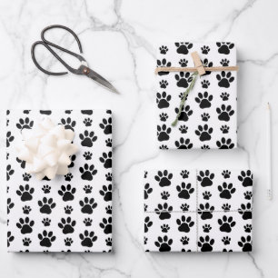 Paw Pattern, Dog Paws, Paw Prints, Black and White Wrapping Paper Sheet