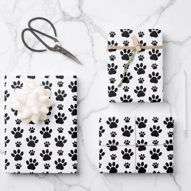 Paw Pattern, Dog Paws, Paw Prints, Black and White Wrapping Paper Sheet (Front)