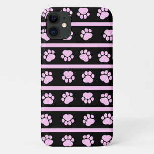 Paw Pattern, Dog Paws, Stripes - Pink Black iPhone 11 Case