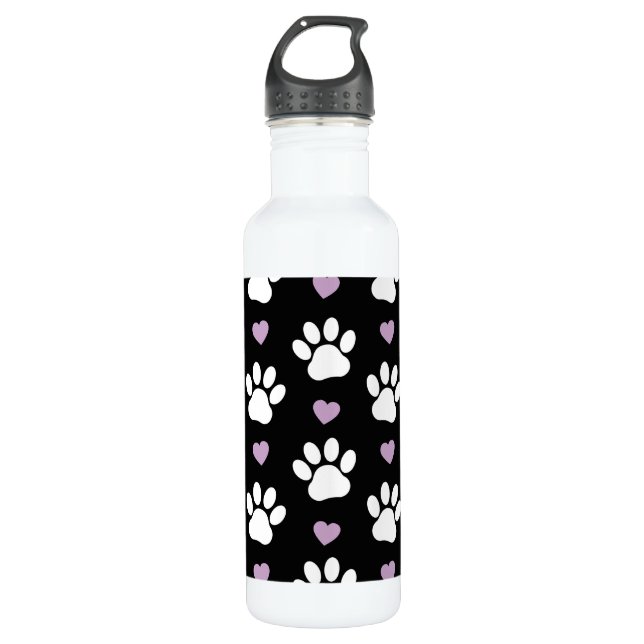 Paw Pattern, Dog Paws, White Paws, Lilac Hearts 710 Ml Water Bottle (Front)