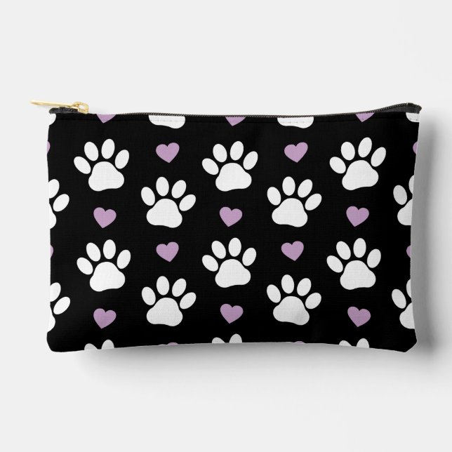 Paw Pattern, Dog Paws, White Paws, Lilac Hearts Accessory Pouch (Front)