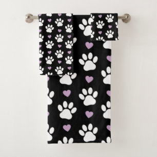 Paw Pattern, Dog Paws, White Paws, Lilac Hearts Bath Towel Set