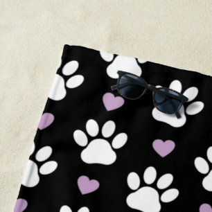Paw Pattern, Dog Paws, White Paws, Lilac Hearts Beach Towel