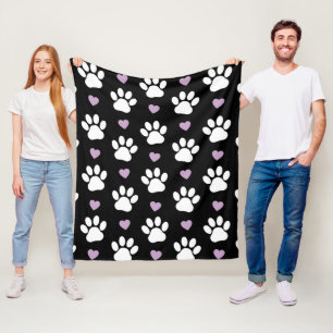 Paw Pattern, Dog Paws, White Paws, Lilac Hearts Fleece Blanket