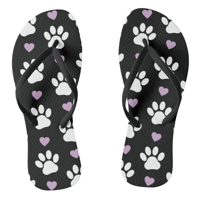 Paw Pattern, Dog Paws, White Paws, Lilac Hearts Flip Flops (Footbed)