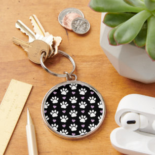 Paw Pattern, Dog Paws, White Paws, Lilac Hearts Key Ring