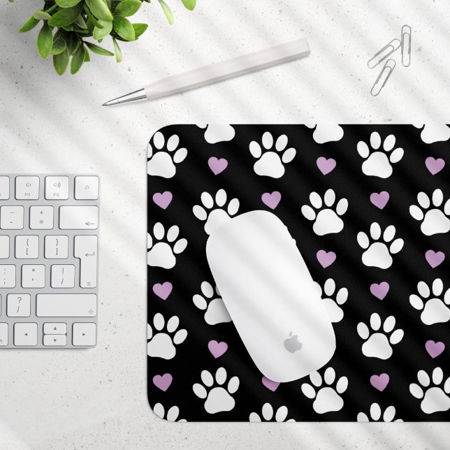 Paw Pattern, Dog Paws, White Paws, Lilac Hearts Mouse Mat (Creator Uploaded)
