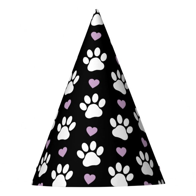 Paw Pattern, Dog Paws, White Paws, Lilac Hearts Party Hat (Front)