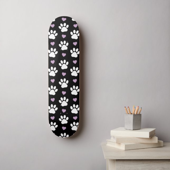 Paw Pattern, Dog Paws, White Paws, Lilac Hearts Skateboard (Wall Art)