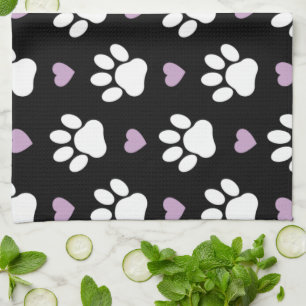 Paw Pattern, Dog Paws, White Paws, Lilac Hearts Tea Towel