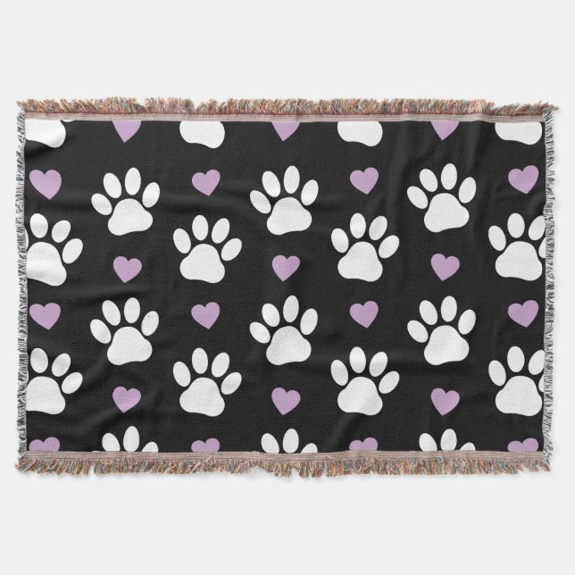Paw Pattern, Dog Paws, White Paws, Lilac Hearts Throw Blanket (Front)