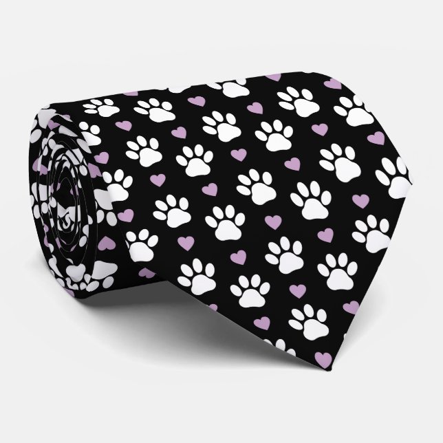 Paw Pattern, Dog Paws, White Paws, Lilac Hearts Tie (Rolled)