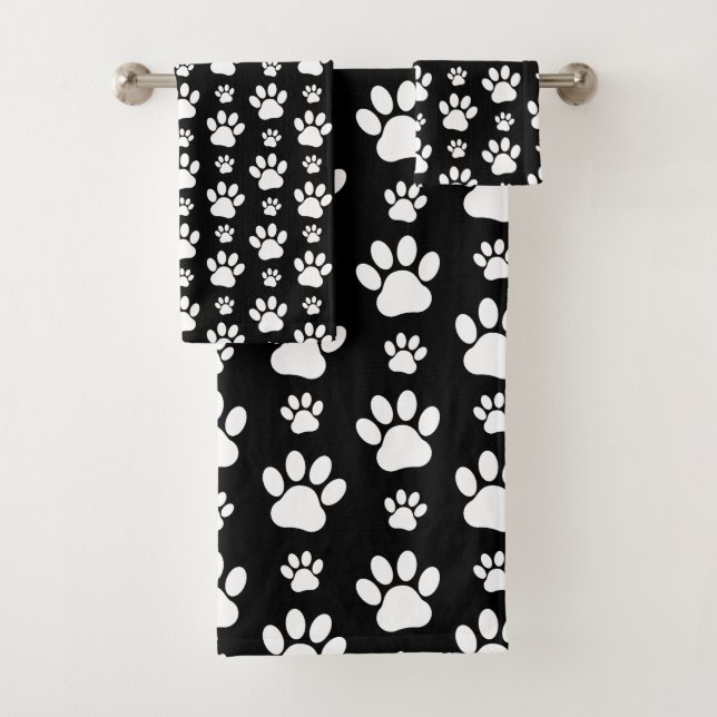 Paw Pattern, Paw Prints, Dog Paws, Black and White Bath Towel Set (Insitu)