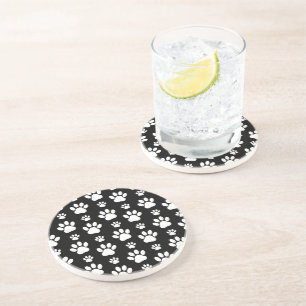 Paw Pattern, Paw Prints, Dog Paws, Black and White Coaster
