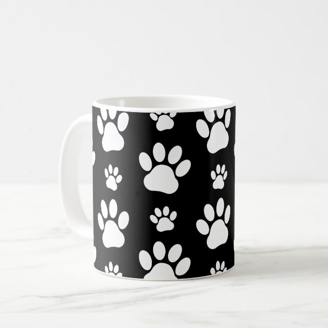Paw Pattern, Paw Prints, Dog Paws, Black and White Coffee Mug (Front Left)