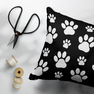 Paw Pattern, Paw Prints, Dog Paws, Black and White Decorative Cushion