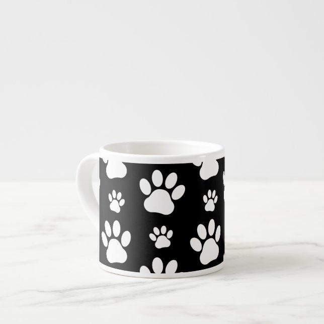 Paw Pattern, Paw Prints, Dog Paws, Black and White Espresso Cup (Front Left)