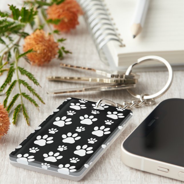 Paw Pattern, Paw Prints, Dog Paws, Black and White Key Ring (Front Right)