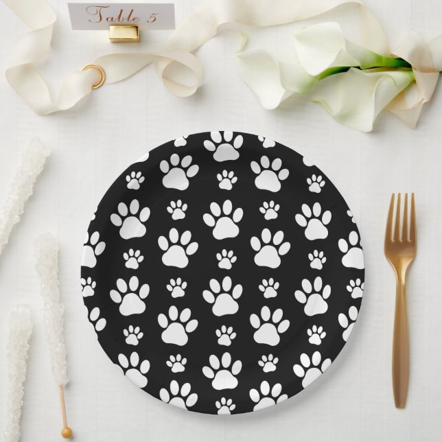 Paw Pattern, Paw Prints, Dog Paws, Black and White Paper Plate (Wedding)