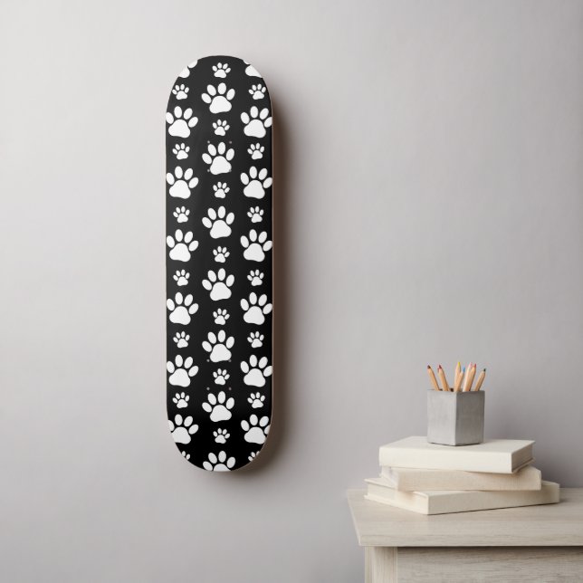 Paw Pattern, Paw Prints, Dog Paws, Black and White Skateboard (Wall Art)