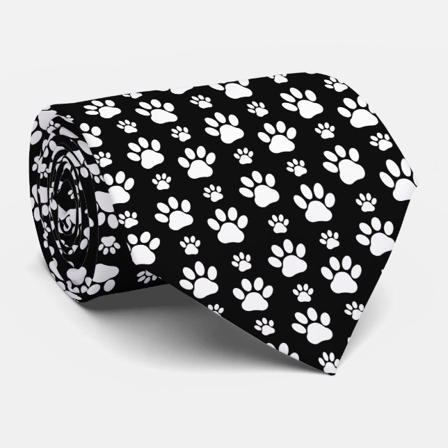 Paw Pattern, Paw Prints, Dog Paws, Black and White Tie (Rolled)