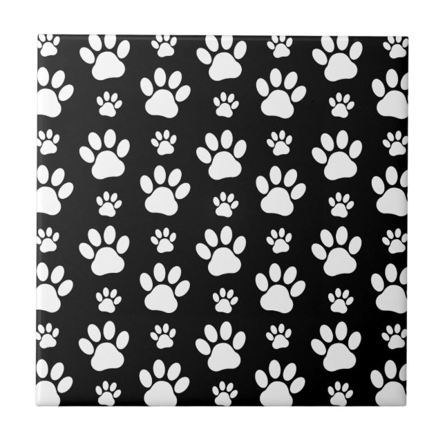 Paw Pattern, Paw Prints, Dog Paws, Black and White Tile (Front)