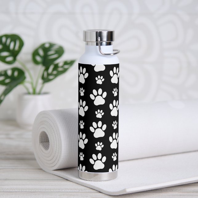 Paw Pattern, Paw Prints, Dog Paws, Black and White Water Bottle (Yoga)