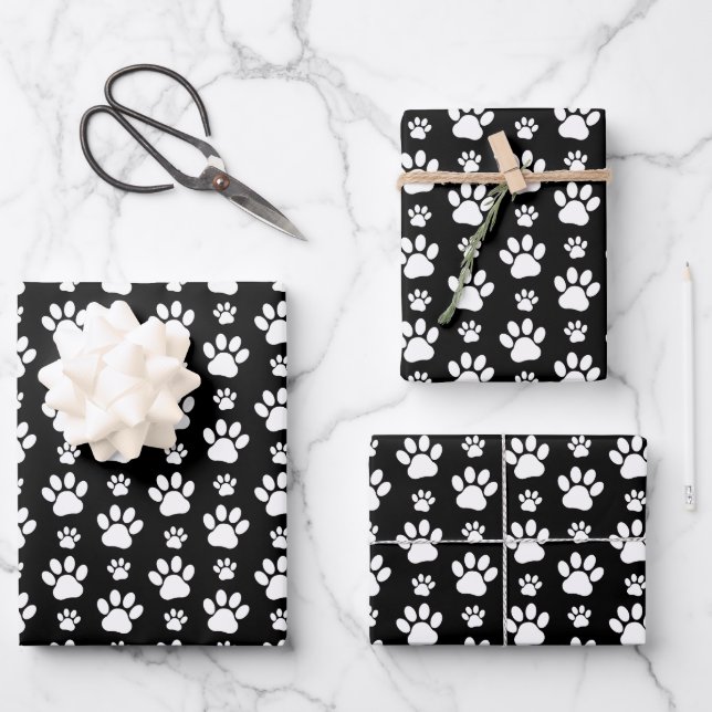 Paw Pattern, Paw Prints, Dog Paws, Black and White Wrapping Paper Sheet (Front)