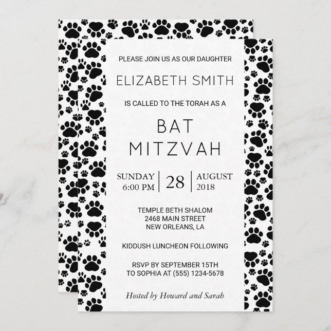Paw Pattern, Paws, Black and White, Bat Mitzvah Invitation (Front/Back)