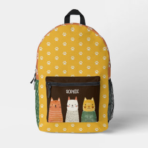 Paw Pattern Whimsical Cats Colourful Custom Name Printed Backpack