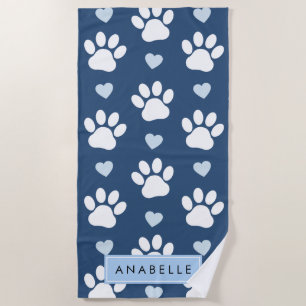 Paw Pattern, White Paws, Blue Hearts, Your Name Beach Towel