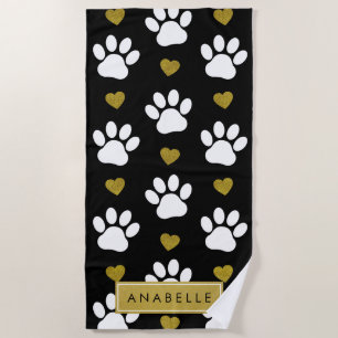 Paw Pattern, White Paws, Gold Hearts, Your Name Beach Towel