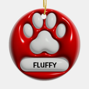 Paw Pet Print 3D Red White Personalised Name Ceramic Tree Decoration