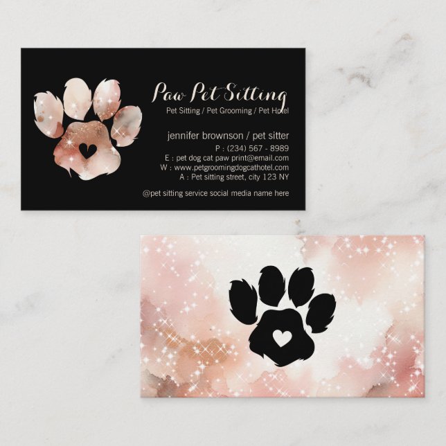 Paw Pet Sitter Grooming Watercolor Dog Cat Business Card (Front/Back)