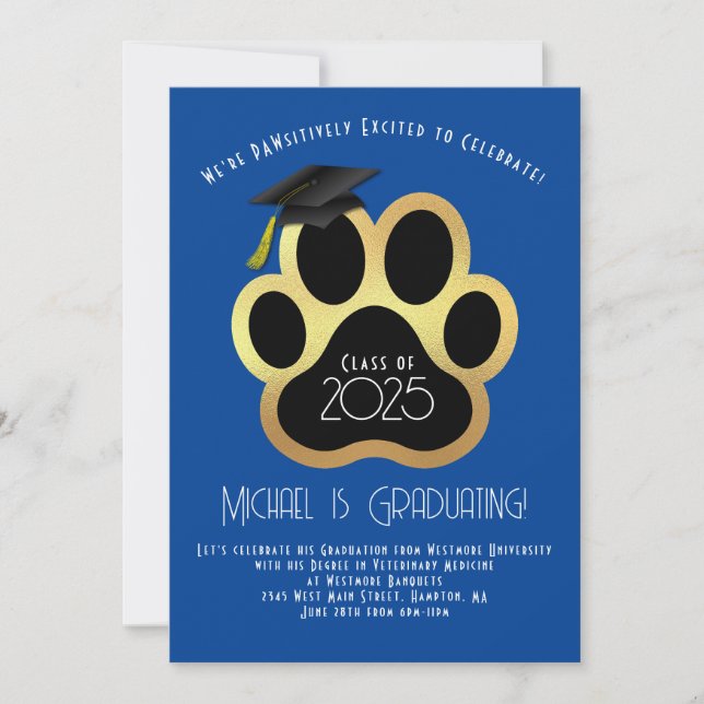 Paw Pet Veterinarian Graduation Party Blue Invitation (Front)