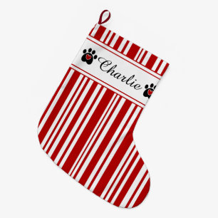 Paw Print and Candy Cane Stripes Large Christmas Stocking