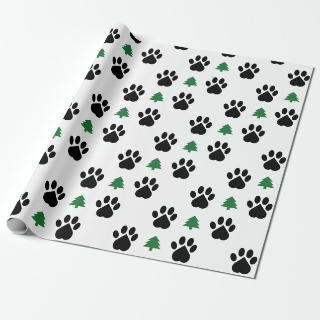 Paw Print and Christmas Tree Wrapping Paper (Unrolled)