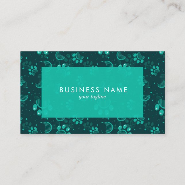 Paw Print and Grooming Comb in Green Colour Business Card (Front)